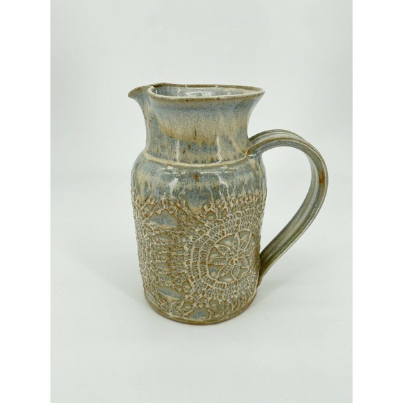 Studio Other - Gorgeous Hand Thrown Studio Art Pottery Jug Blue Carved Lace Pitcher Signed